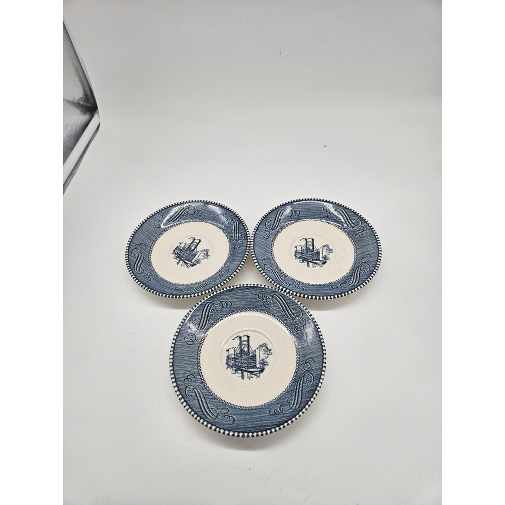 Vtg Set of 3 Royal China Currier & Ives 6" Saucers Small Plates Blue Steamboat